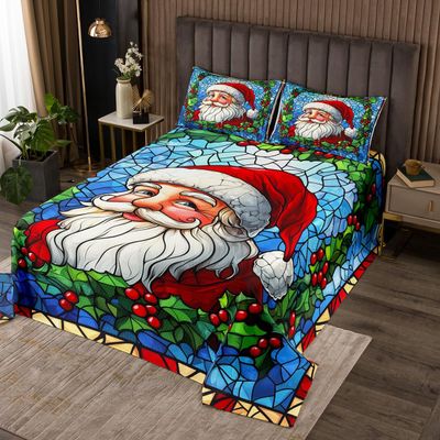 Santa Claus Kid Bedspread Twin Size,Merry Christmas Happy New Year Western Holiday Coverlet Set,Boys Girls Room Decor,Poinsettia Flower Geometric Quilted Coverlet,Xmas Bedding Quilt,1 Pillowcase