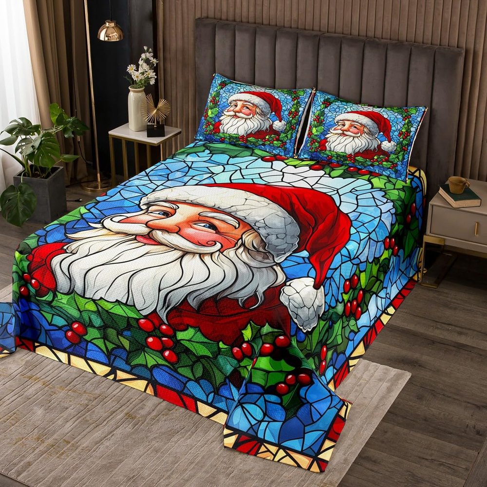 Santa Claus Kid Bedspread Twin Size,Merry Christmas Happy New Year Western Holiday Coverlet Set,Boys Girls Room Decor,Poinsettia Flower Geometric Quilted Coverlet,Xmas Bedding Quilt,1 Pillowcase