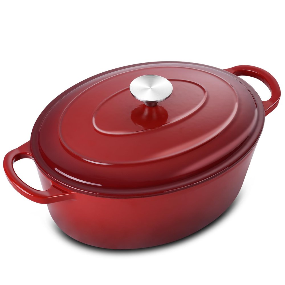 5QT Oval Dutch Oven Pot with Lid, Leonyo 5 Quart Enameled Oval Cast Iron Dutch Oven for Sourdough Bread Breaking, Heavy Duty Cookware for Braising, Stews, Roasting, Red