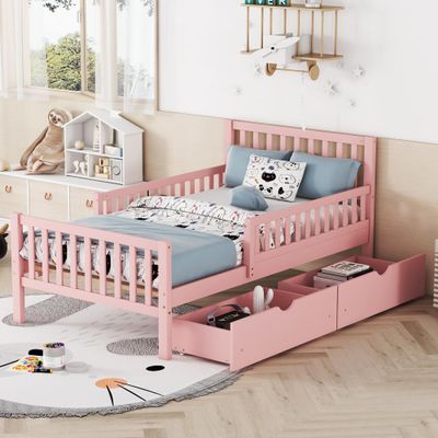 Guxeei Twin Size Platform Bed, Wooden Bed Frame with Two Storage Drawers and Guardrails on Both Sides for Bedroom, Wood Slat Support, No Box Spring Needed, Easy Assembly (Pink)
