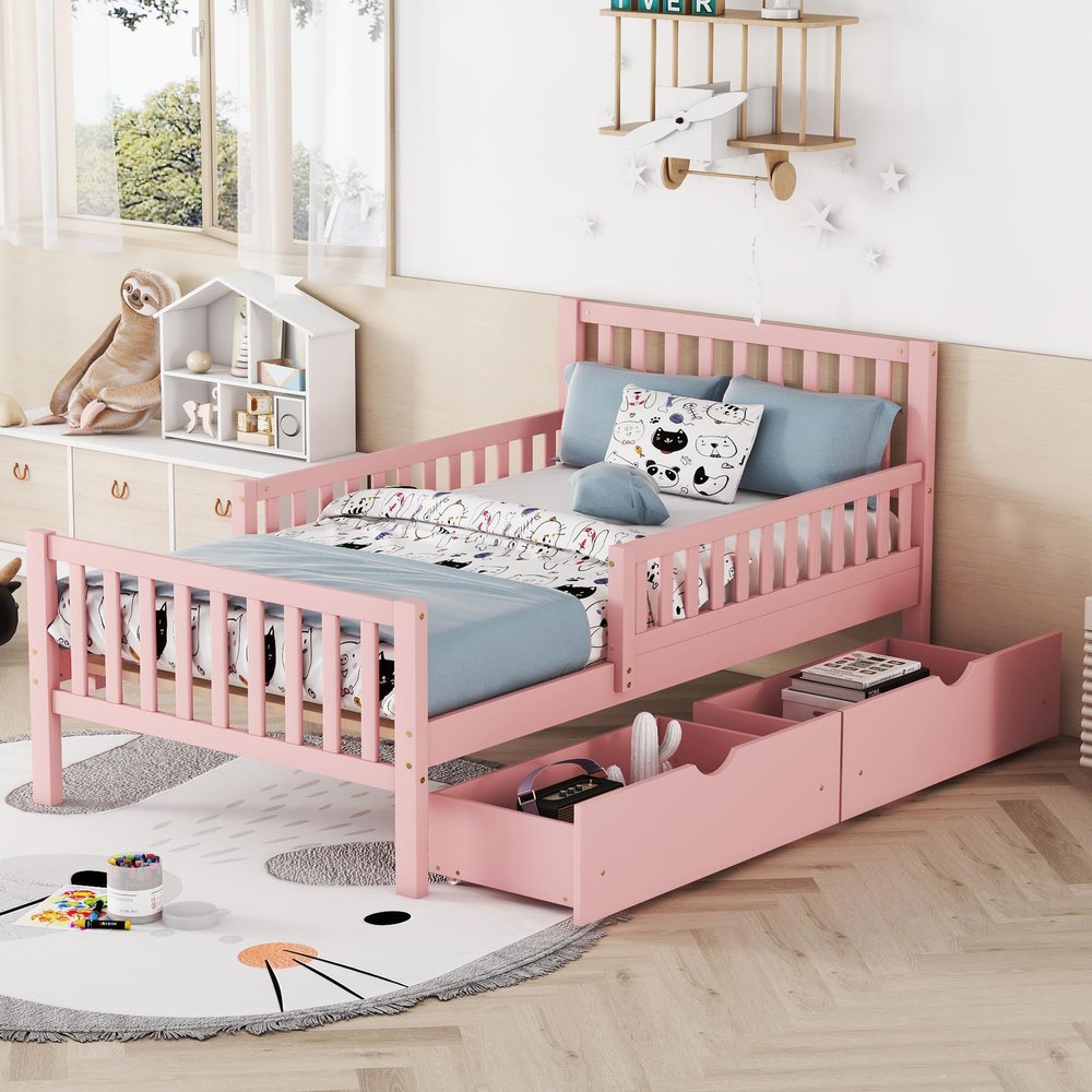 Guxeei Twin Size Platform Bed, Wooden Bed Frame with Two Storage Drawers and Guardrails on Both Sides for Bedroom, Wood Slat Support, No Box Spring Needed, Easy Assembly (Pink)
