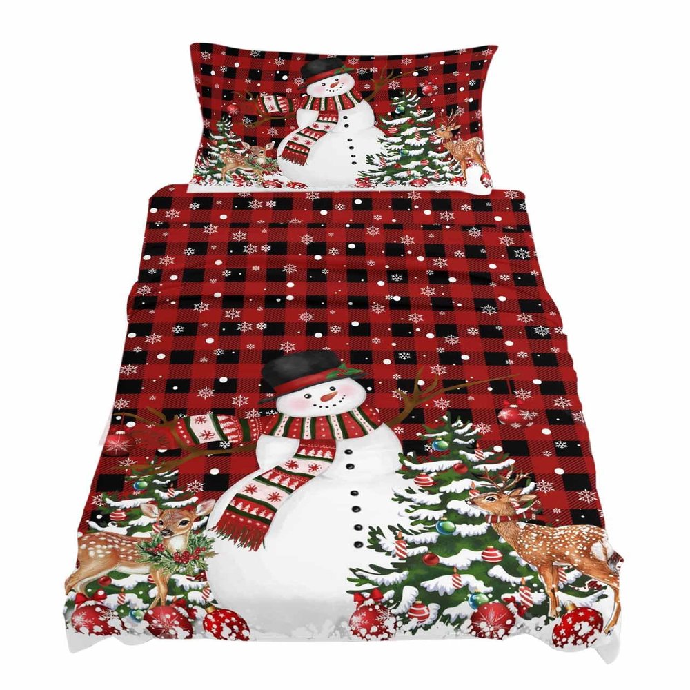 3 Piece Twin Sheet Set Red Christmas Snowman Sheets Set for Twin Size Bed, Soft Microfiber Bed Sheets Cooling Snowflake Xmas Tree Elk Black Buffalo Plaid Sheets, Fitted Sheet Deep Pocket, Pillowcases