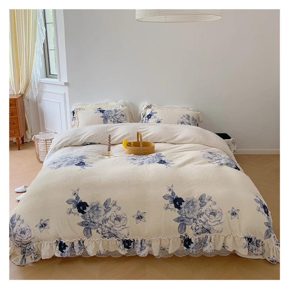 YUSIWOAL Bed Four Pieces Set, Winter Fleece Fabric Lace Bedding Set Flannel Duvet Cover Bed Sheet Pillowcase(1,Queen)