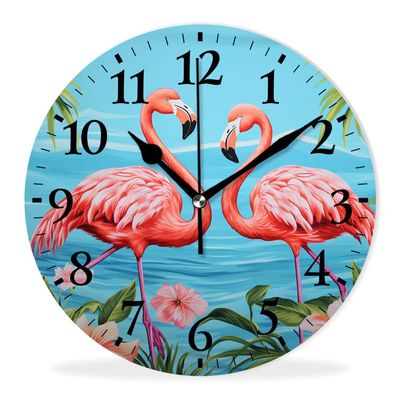 Kyvita Analog Wall Clock Non-Ticking Sweep Movement Wall Clocks Battery Operated Decor Clocks for Bedroom,Kitchen,Office-Two Flamingo Lovely(12inch)