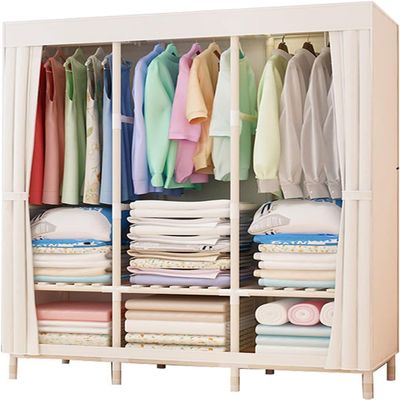 EVXOIJM Solid Wood Folding Wardrobe Doors,Portable Assembly Canvas Effect Wardrobe Solid Color Fabric Clothes Storage Rack