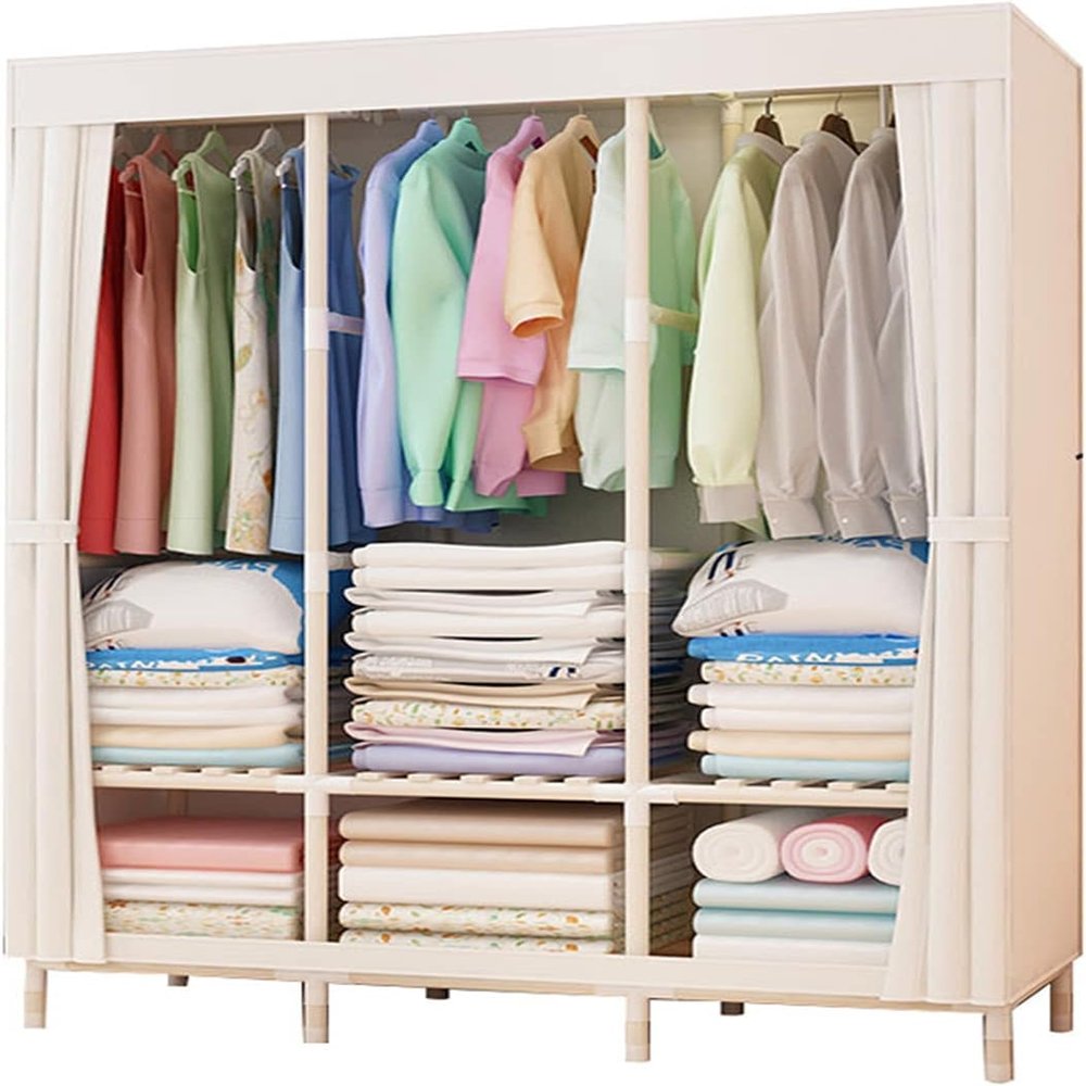 EVXOIJM Solid Wood Folding Wardrobe Doors,Portable Assembly Canvas Effect Wardrobe Solid Color Fabric Clothes Storage Rack