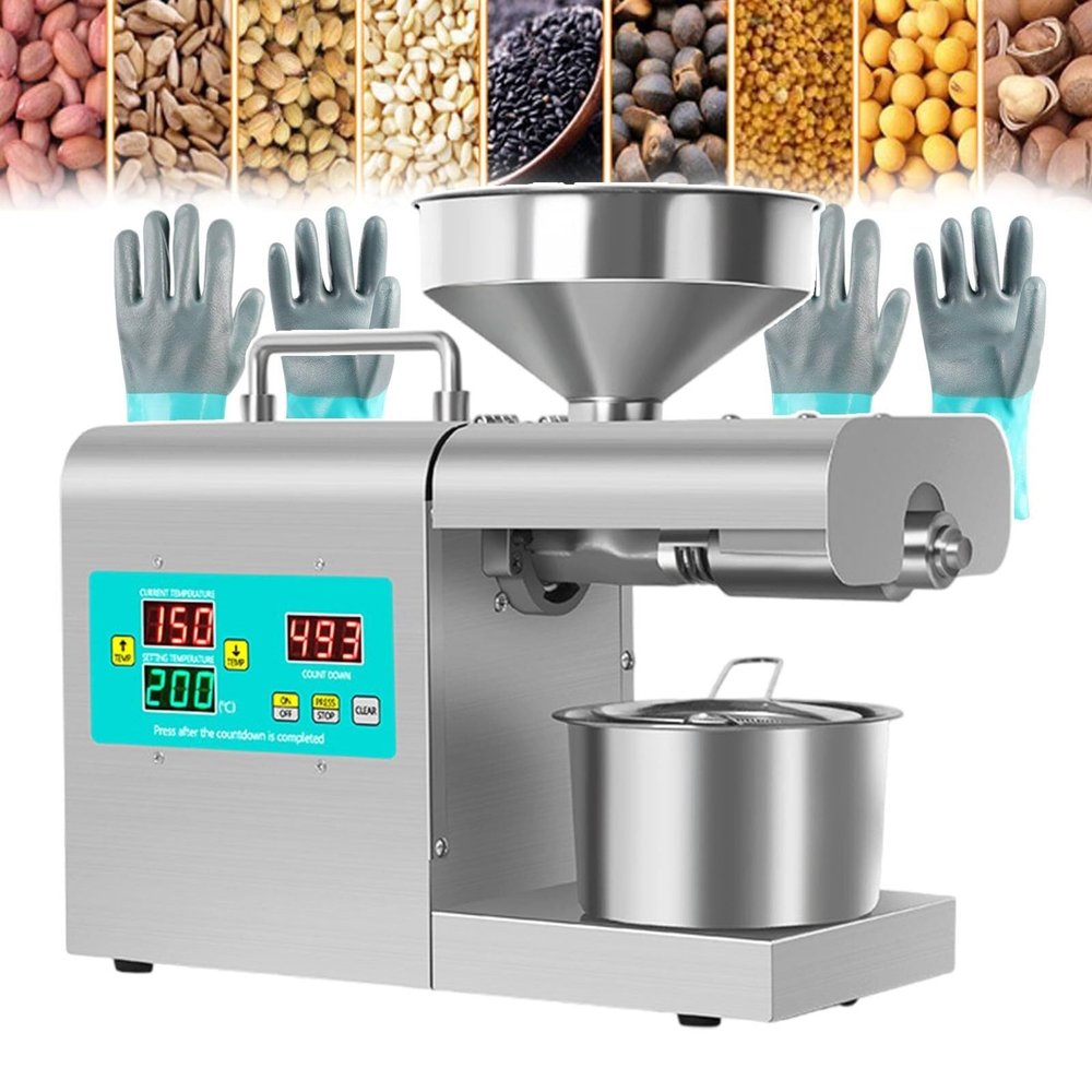 Auto Oil Expeller MachineCommercial Oil Press 820W Electric Cold Hot Oil Extractor Machine, With Stainless Steel Barrel And Gloves, Nuts Seeds Oil Grinder