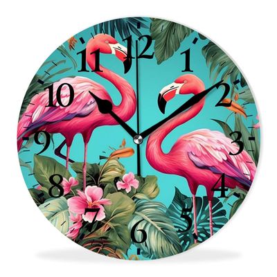 Kyvita Non-Ticking Sweep Movement Wall Clock Battery Operated Analog Wall Clocks Decorative for Bedroom,Office,Living Room-Vivid Flamingo with Flowers(14inch)