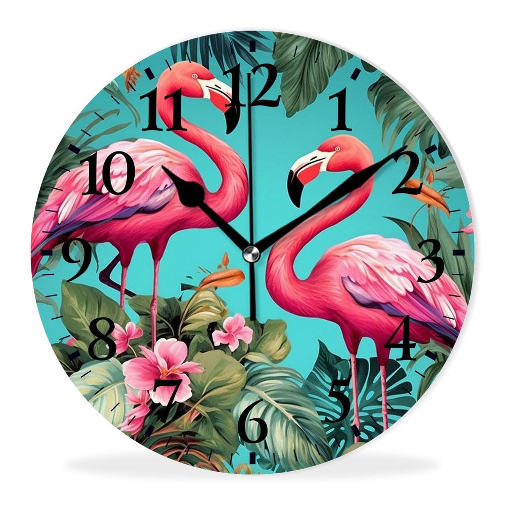 Kyvita Non-Ticking Sweep Movement Wall Clock Battery Operated Analog Wall Clocks Decorative for Bedroom,Office,Living Room-Vivid Flamingo with Flowers(14inch)