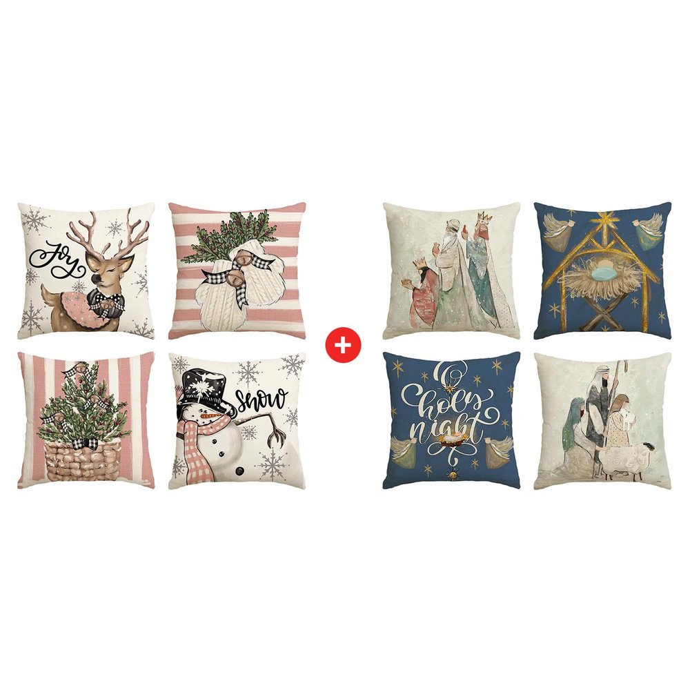 AVOIN colorlife Snowman Reindeer Gloves Eucalyptus Throw Pillow Covers, 18 x 18 Inch and 16 x 16 Cushion Case for Sofa Couch Set of 8