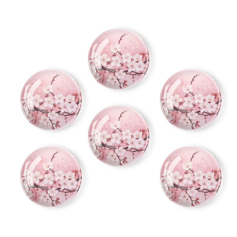 BaHomeck Refrigerator Magnets 6 Pcs,Round Strong Magnetic Glass Fridge Magnets,Blooming Pink Cherry Blossom Flowers Magnet Sticker Decorations for Office Whiteboards,Classroom,Home,Cabinets,1.2 inch