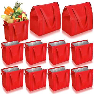 Locmeo 10 Pack Large Insulated Grocery Bags Reusable Shopping Bags with Zippered Top 13 x 12 x 7 Inch Thermal Cooler Totes Bulk with Handles for Hot Cold Food Delivery Refrigerator(Red)
