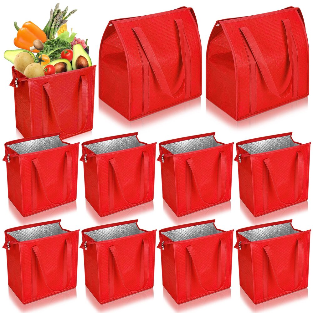 Locmeo 10 Pack Large Insulated Grocery Bags Reusable Shopping Bags with Zippered Top 13 x 12 x 7 Inch Thermal Cooler Totes Bulk with Handles for Hot Cold Food Delivery Refrigerator(Red)