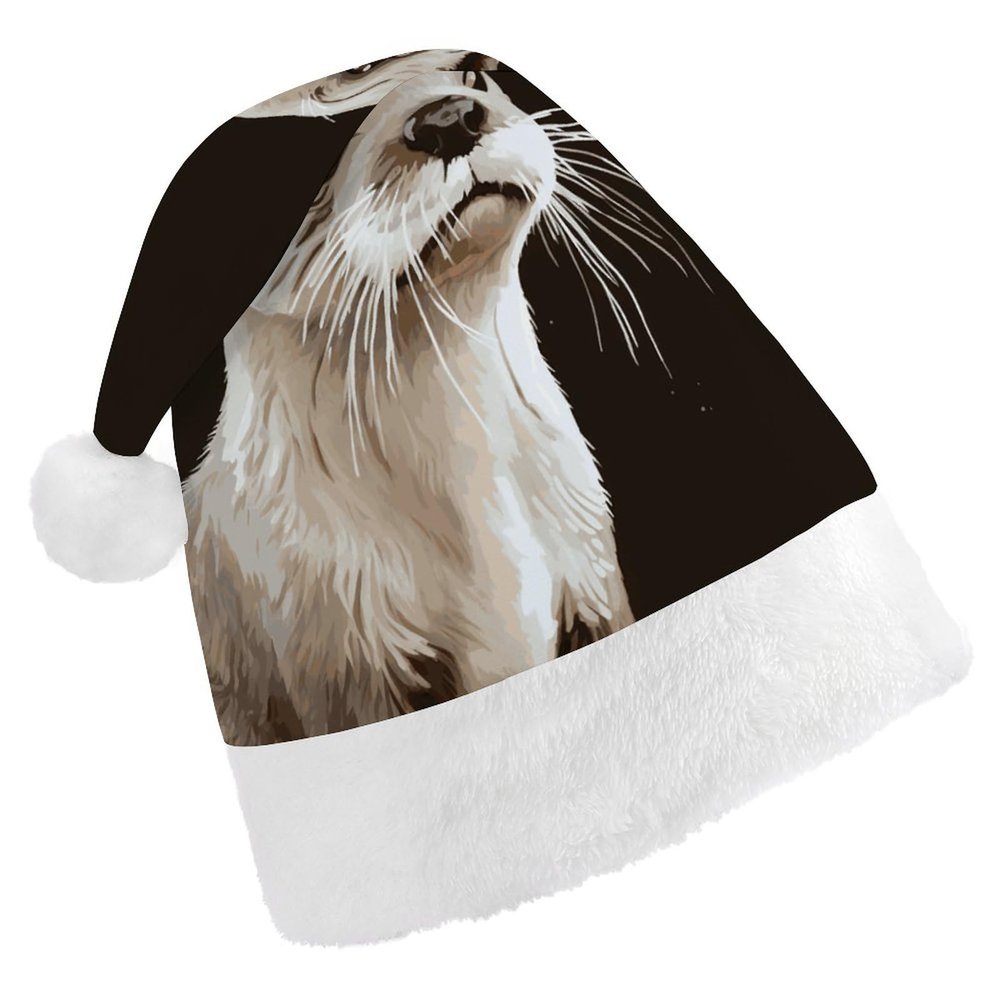 GFLFMXZW Otter Christmas Hats for Adults Plush Santa Hat Holiday Unisex Xmas Hat for New Year Party Headwear