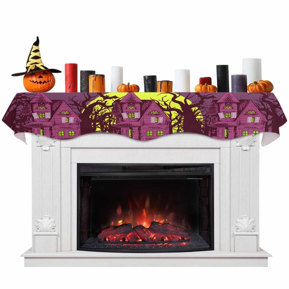ZFUNCING Halloween Scary Castle Tree Branch Mantel Scarf Fireplace Top Runner,Mantel Scarves Cover Table Runners for Home Daily Use Holiday Party Decor 90x17in,Yellow Full Moon Purple Black
