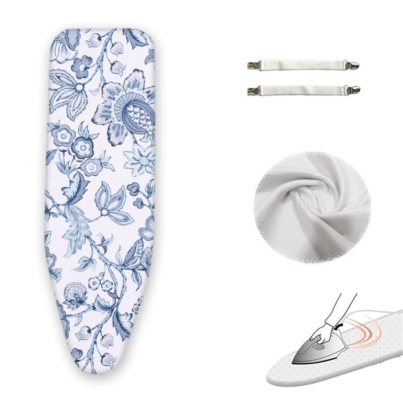 GSKFXJ Cotton Replacement Iron Board Cover 45x15in 49x18in 54x15in 54x18in Ironing Board Cover and Pad Adjustable Tabletop Ironing Board Cover, Easy to Install(Blue White,54x18in/137x45cm)
