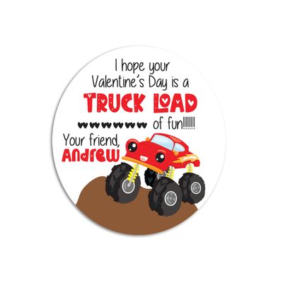 Monster Truck Valentines Day Stickers - Personalized Truck Load Valentine Round Sticker Labels - Classroom Valentines for School