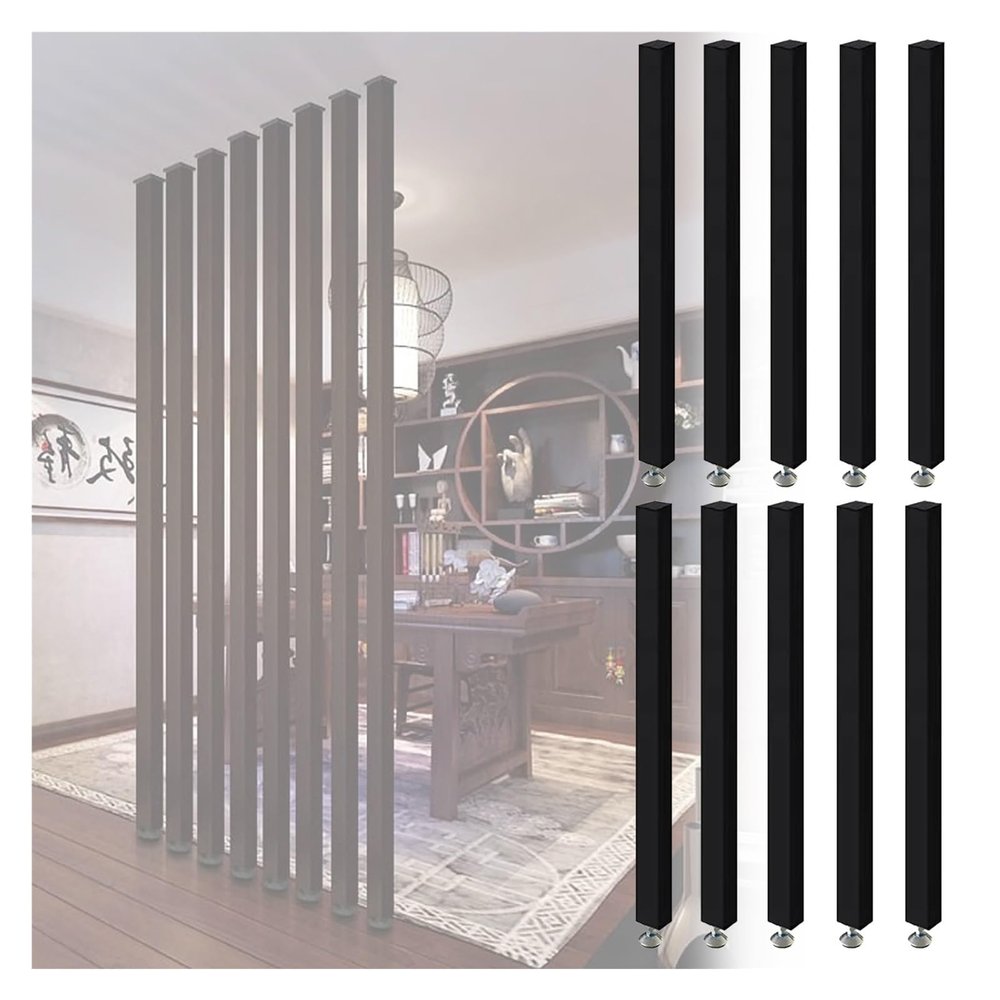 Wood Wall Divider for Room Separation Ceiling To Floor, 6 8 10-Pack Black Wooden Slats Screen Partition Post for Studio/Apartments/Teahouse/Stairway Entrance, with Adjustable Foot(10-Pack,85cm/33.4in/