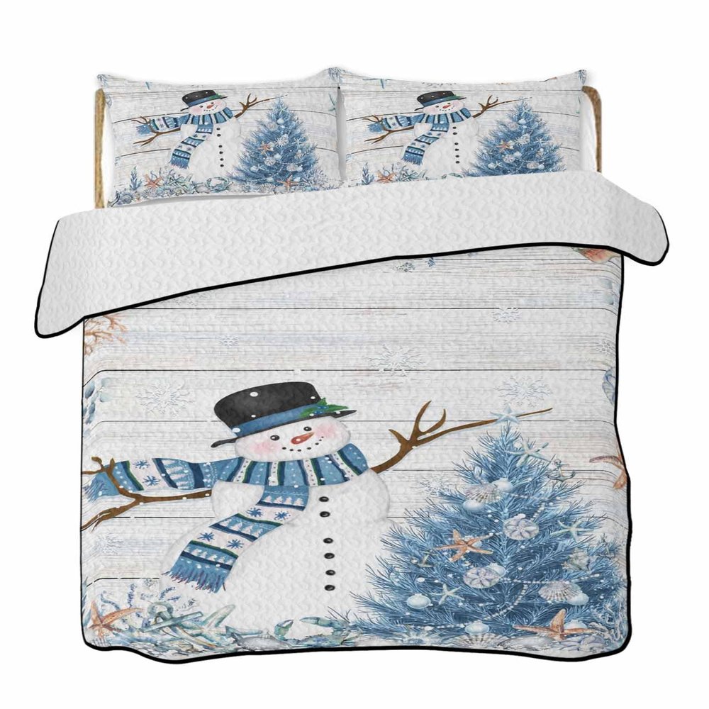 Quilts Twin XL Size Christmas Coastal Soft Comforter Bedding Set for Bed, Blue Snowman Coral Starfish Snowflake Lightweight Quilte Bedspread with Pillow Cover(2 Pieces) for All Season, 68x98 Inch