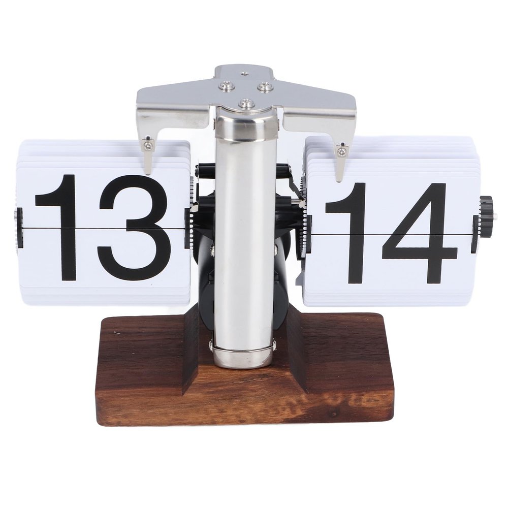 Retro Mechanical Flip Clock, 24 Hours Stainless Steel Desk Clock with Large Numbers, Retro Wood, Digital Flip Down Clock for Living Room, Study, Office, Easy to Read (White)