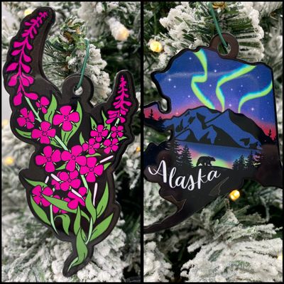 Alaska Christmas Ornaments, State of Alaska and Alaska Fireweed Ornaments, 2 Piece Alaska Christmas Ornament Set