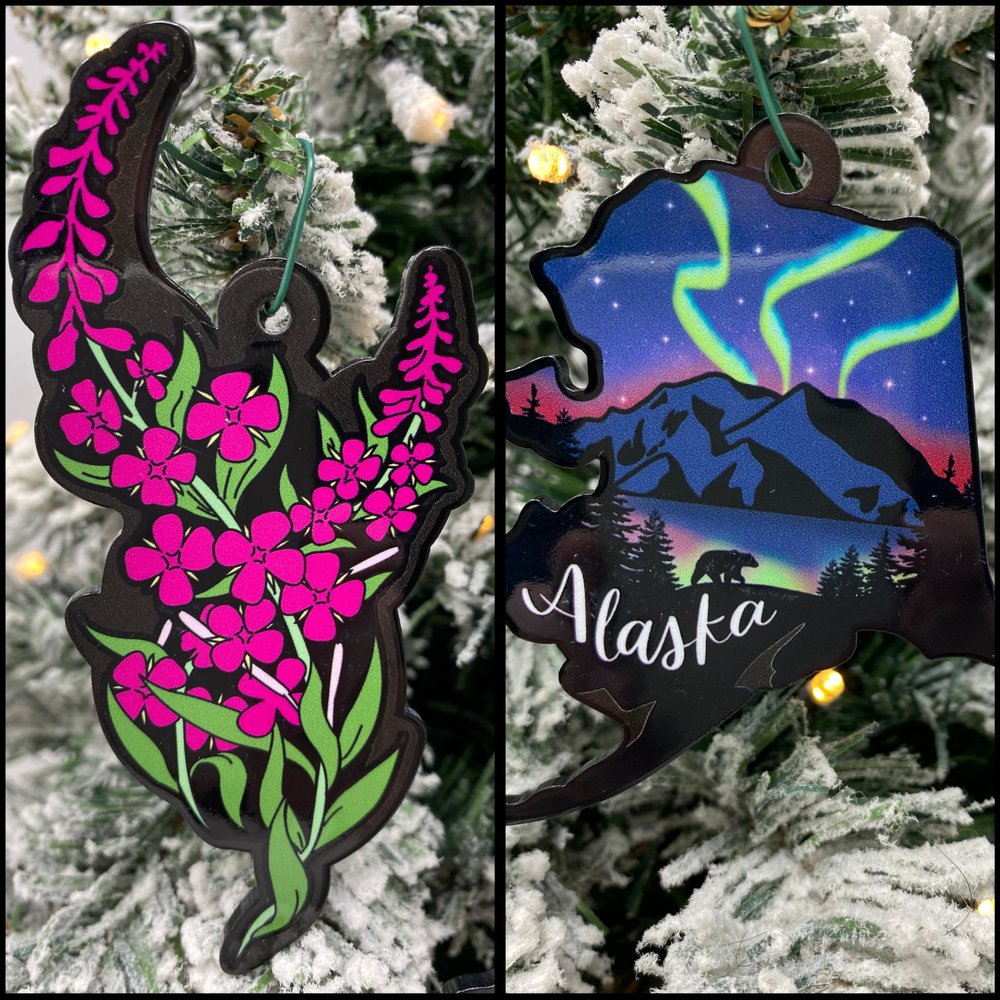 Alaska Christmas Ornaments, State of Alaska and Alaska Fireweed Ornaments, 2 Piece Alaska Christmas Ornament Set