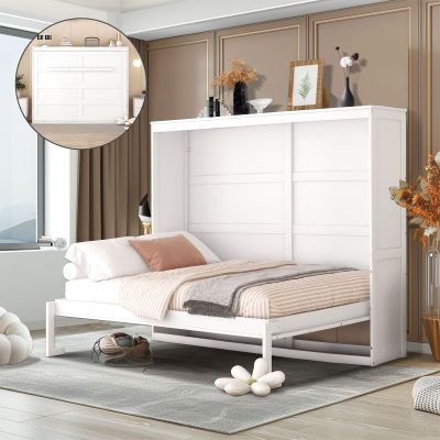 Firscook Full Size Murphy Bed Wall Bed,Solid Wood Muti-Functional Cube Cabinet Bed,Full Murphy Bed, Space-Saving for Multipurpose Guest Room Bedroom or Home Office,White