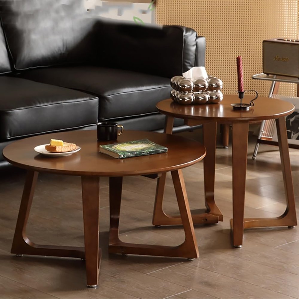 ZNKJYSZQ Round Coffee Table Set of 2, Solid Wood Coffee Table Farmhouse Rustic End Table, Side Tea Table Wood Look Accent Furniture for Living Room, Sturdy and Easy Assembly(Brown)