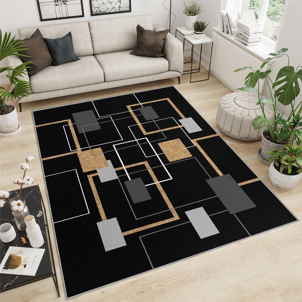 5x6 Rug for Living Room, Medieval Geometric Rugs for Bedroom, Modern Stylish Machine Washable Rugs, Non-Slip Foldable Easy to Clean Carpet for Restaurant Office Apartment Decor - Black