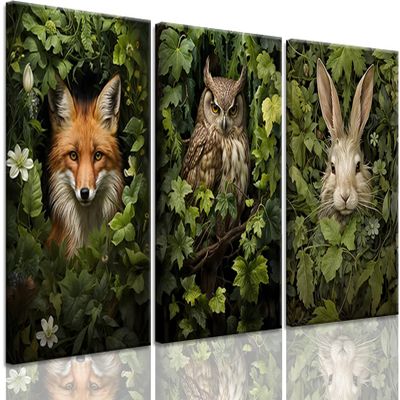 3pcs Framed Magical Forest Animal Canvas Wall Art Retro Wild Animals Posters Prints green Adventure Theme Cottagecore Paintings Lovely Fox Owl Rabbit Wall Decor for Living Room Bedroom Home Decor