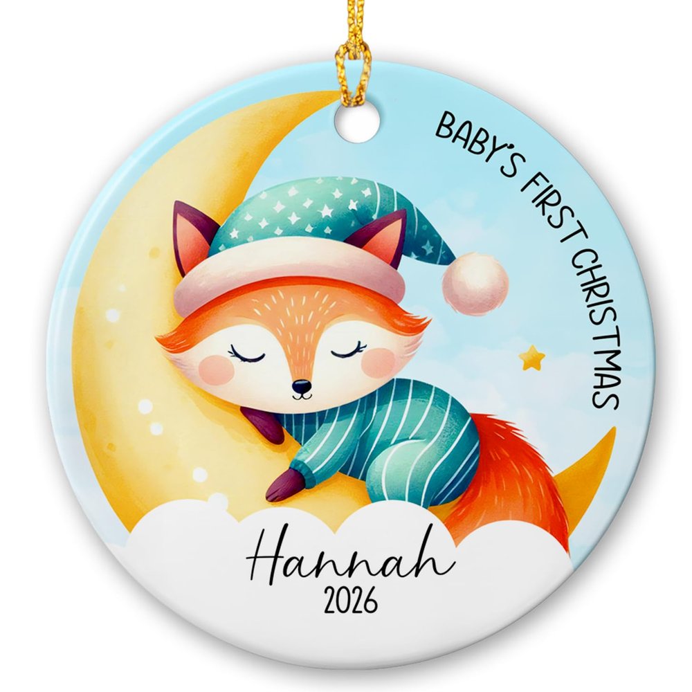 Baby's First Christmas Ornament 2026, Custom Name Baby Fox 1st Xmas Ceramic Ornament, Personalized Cute Fox 1st Christmas Ornament Gifts for Son Daughter, Customized Kid Animal Christmas Ornament