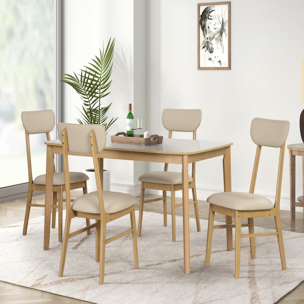 Fefances Elegant 6-Piece Dining Set: High-Gloss White Tabletop with Light Oak Accents, Including 1 Rectangular Table, 1 Bench, & 4 Comfortable ChairsWhite