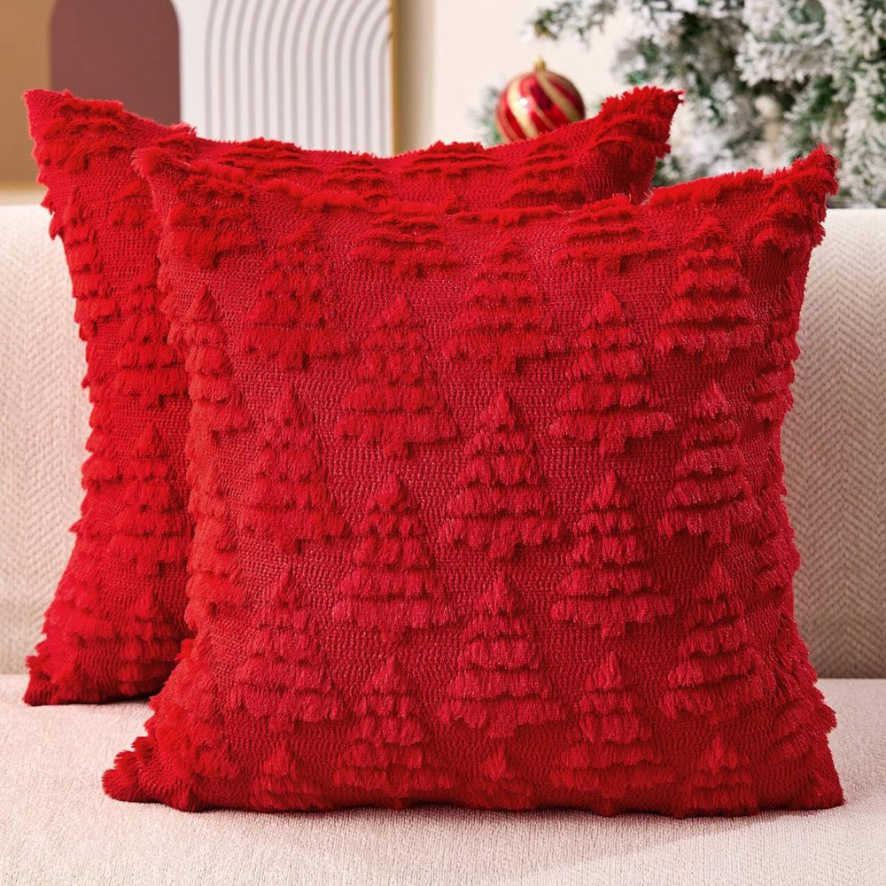 Allorry Christmas Pillow Covers 16 x 16 Set of 2 Christmas Decoration Red Xmas Tree Pillow Cases Plush Faux Fur Soft Cushion Case for Winter Xmas Holiday Home Bedroom Sofa Decors SY-003-B16