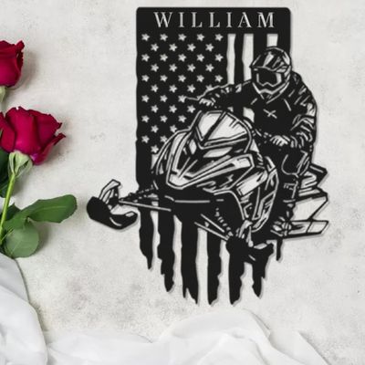 Personalized Us Flag Snowmobile Rider Metal Wall Art Home Decor; Custom Snowmobiler Metal Name Sign; Snowmobile Jump Metal Wall Art; Custom Snowmobile Racing Last Name Signs For Lover Gifts/07