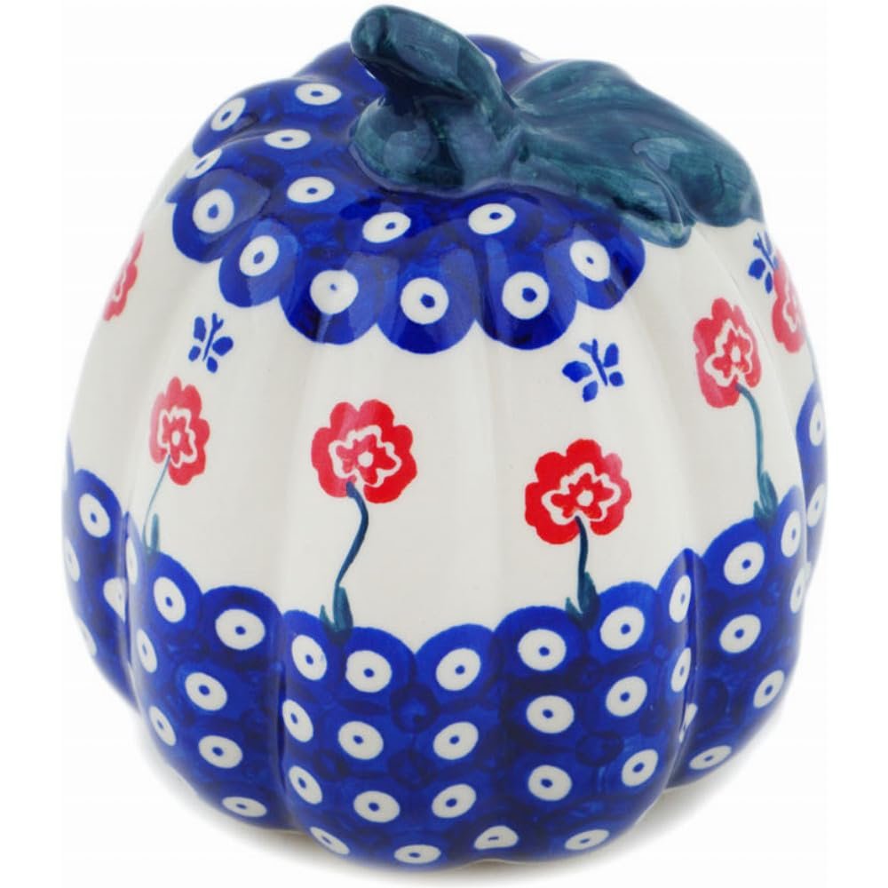 Polmedia Polish Pottery Pumpkin Figurine - Blue Eye Spring Pattern Handmade in Boleslawiec Poland by Ceramika Bona + Certificate of Authenticity