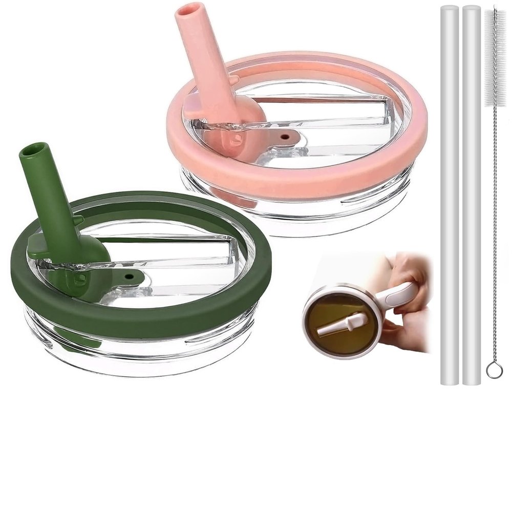 2 Pack Replacement Leak Proof Lid Compatible with Stanley 40oz Quencher Tumbler,100 color combinations for Stanley Cup Accessories,Flip Straw Lids for Quencher H2.0 (Army Green, +Peach Pink)