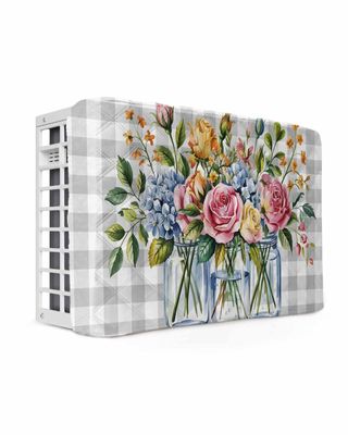 Floral Yellow Indoor Air Conditioner Cover for Window Units, Double Insulation Adjustable Waterproof Indoor AC Cover with Elastic Straps 21'' x 15'' x 3.5'' Rose Flower Eucalyptus Leaf Botanical Herbs