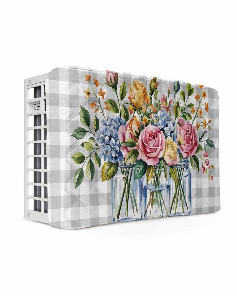 Floral Yellow Indoor Air Conditioner Cover for Window Units, Double Insulation Adjustable Waterproof Indoor AC Cover with Elastic Straps 21'' x 15'' x 3.5'' Rose Flower Eucalyptus Leaf Botanical Herbs
