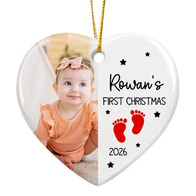 Add Photo Baby's First Christmas Ornament 2026, Personalized Picture Frame Baby's 1st Xmas Tree Ornament Gifts for New Parents, Newborn Keepsake, Custom Babies Name Born Date Photo Ornament Xmas