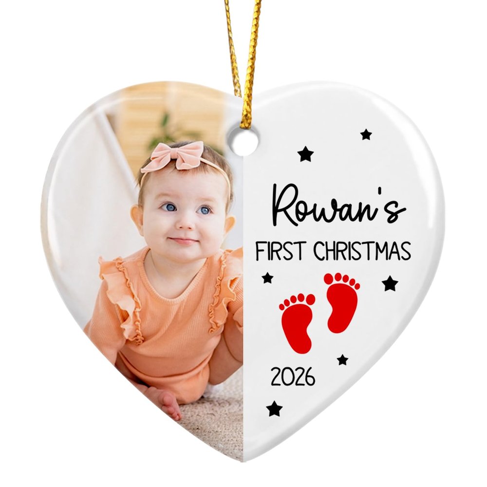 Add Photo Baby's First Christmas Ornament 2026, Personalized Picture Frame Baby's 1st Xmas Tree Ornament Gifts for New Parents, Newborn Keepsake, Custom Babies Name Born Date Photo Ornament Xmas