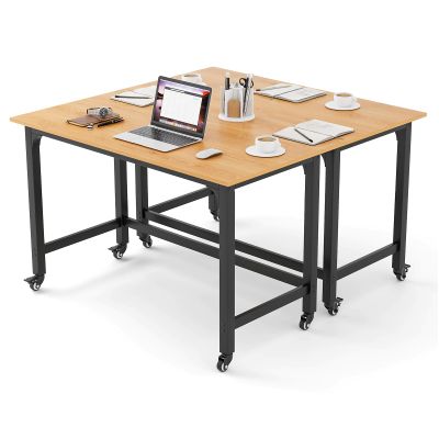 Tangkula Conference Room Table Set of 2, Mobile Computer Desk with Removable Storage Bag & 2 Hanging Hooks, Rolling Meeting Table with Heavy-Duty Metal Frame, Conference Desk (Natural)