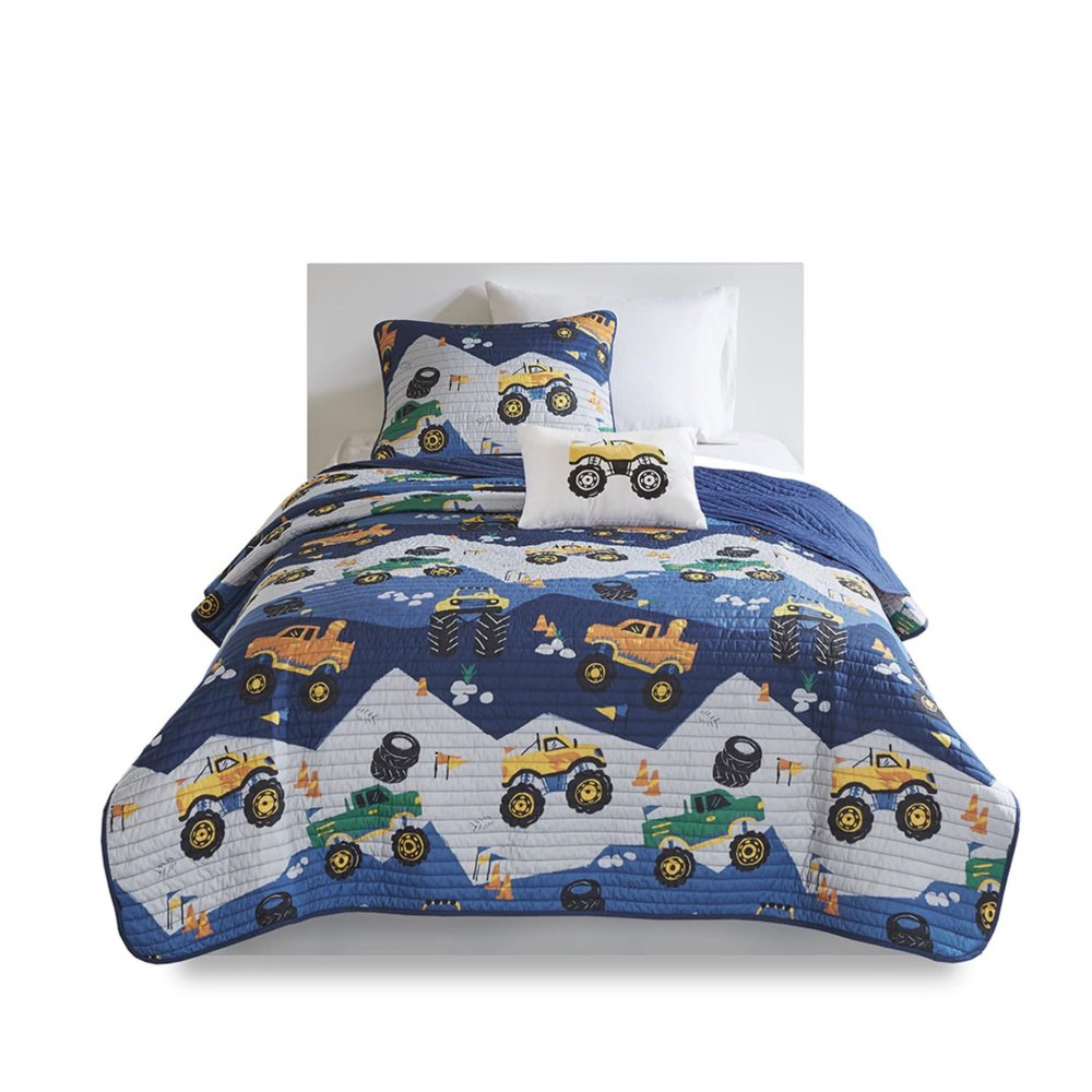 Ergode Reversible Quilt Set - Dreamy Slumber with Vibrant Truck Print - Twin Size - Blue/Grey - Hypoallergenic - Machine Washable - Includes Throw Pillow