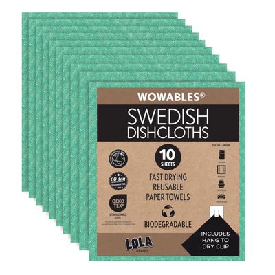 LOLA Swedish Dishcloths for Kitchen 10 Sheets, Biodegradable & Compostable Reusable Paper Towel Cleaning Cloths No Odor Washing Dishes Ultra Absorbent Cellulose Sponge Towel Made in Germany