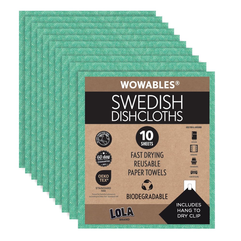 LOLA Swedish Dishcloths for Kitchen 10 Sheets, Biodegradable & Compostable Reusable Paper Towel Cleaning Cloths No Odor Washing Dishes Ultra Absorbent Cellulose Sponge Towel Made in Germany