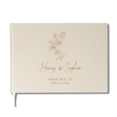 Lily's Atelier Personalized Guest Book w Wedding Month Flowers | Elegant 14 Color Hardcover Custom Guestbook for Wedding Reception | 60 Blank Sheets for Signing - Cream Color
