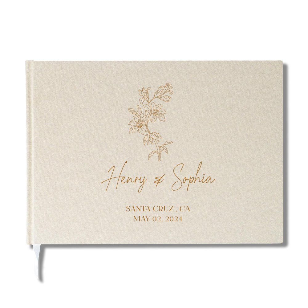 Lily's Atelier Personalized Guest Book w Wedding Month Flowers | Elegant 14 Color Hardcover Custom Guestbook for Wedding Reception | 60 Blank Sheets for Signing - Cream Color