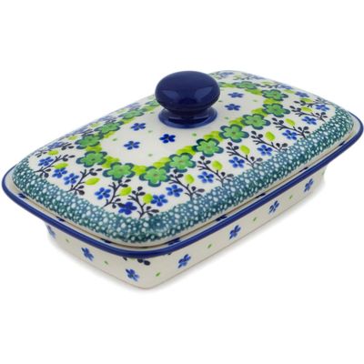 Polmedia Polish Pottery Butter Dish UNIKAT - Green Chrysanthemums Pattern Handmade in Boleslawiec Poland by Ceramika Artystyczna + Certificate of Authenticity