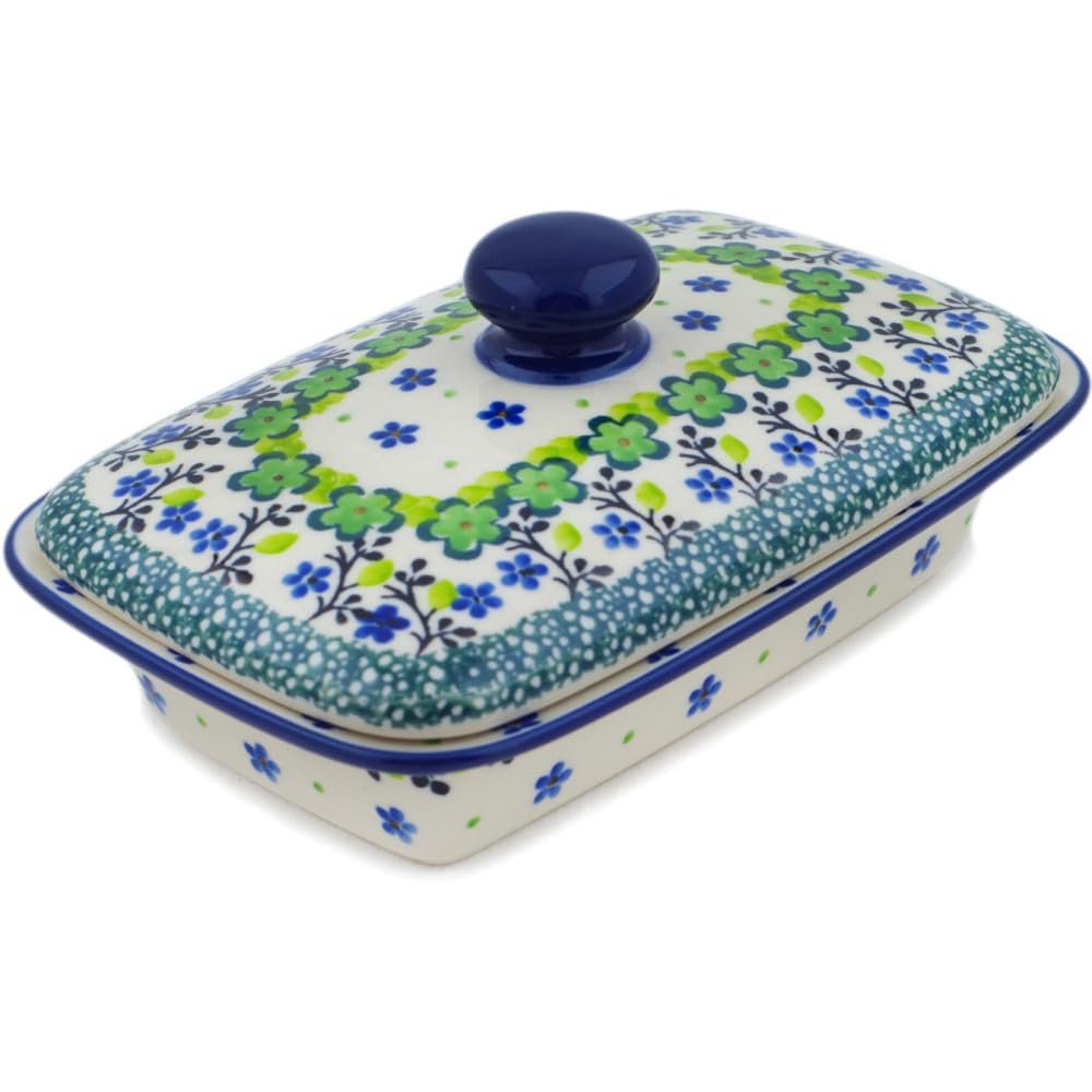 Polmedia Polish Pottery Butter Dish UNIKAT - Green Chrysanthemums Pattern Handmade in Boleslawiec Poland by Ceramika Artystyczna + Certificate of Authenticity