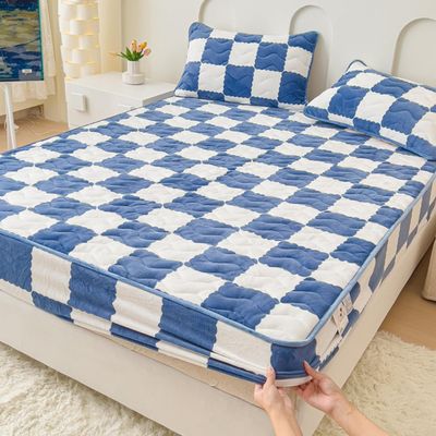 LDLCYCN Milk Velvet Checkered Fitted Sheet Mattress Cover King Warm Thicken Mattress Protector Super Soft Bed Cover with Pillowcase Washable 12'' Deep Pocket Mattress Pad,Dark Blue,200 * 220cm(3PCS)