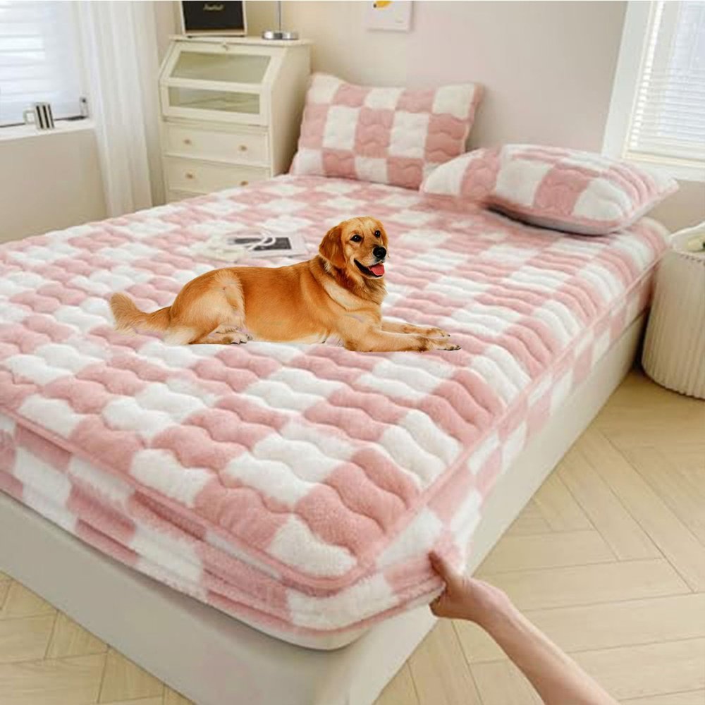 EDVKLNG Elastic Bed Sheets,Milk Velvet Checkered Bedding Mattress Cover,Milk Velvet Mattress Covers Fitted Velvet Plush Fleece Sheet Queen,Luxury Fuzzy Flannel Fluffy Twin Bed (Pink,35.4 * 78.7IN)